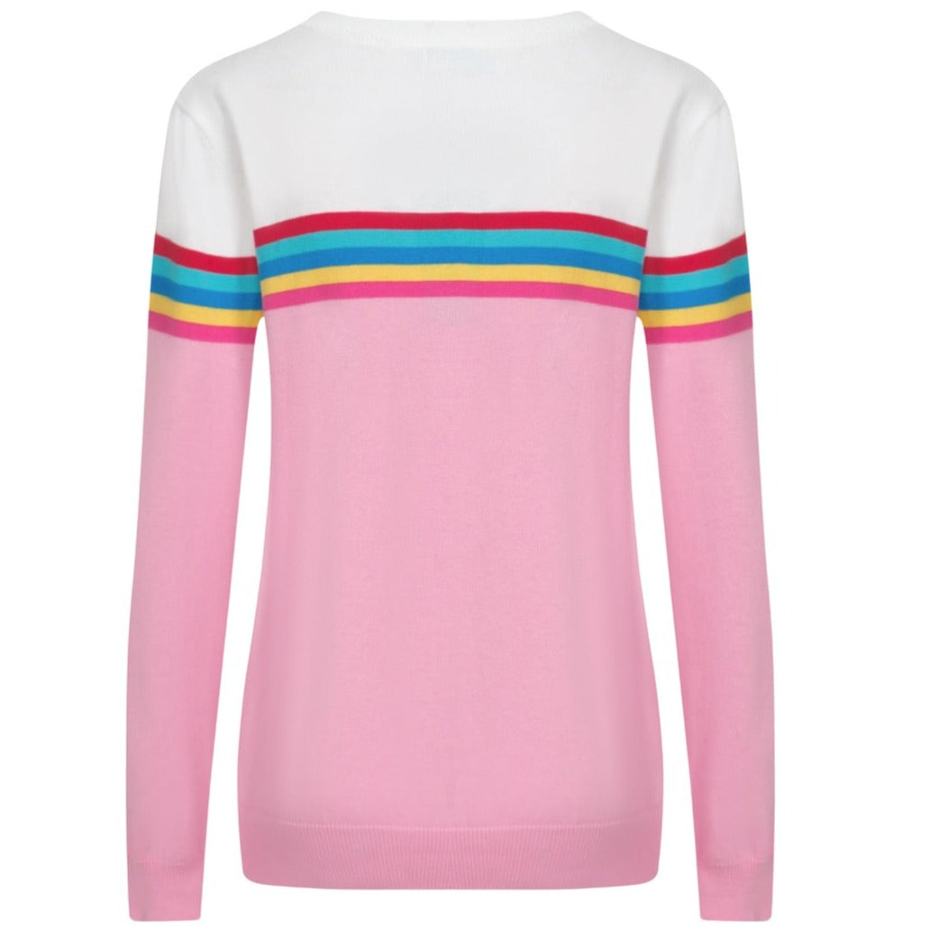 OXKNIT Women Vintage Clothing 1960s Mod Style Casual Long Sleeve Pink Rainbow Striped Knit Retro T-shirts
