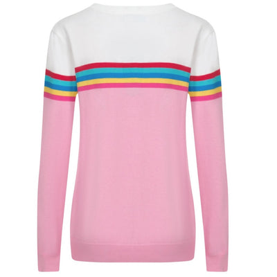 OXKNIT Women Vintage Clothing 1960s Mod Style Casual Long Sleeve Pink Rainbow Striped Knit Retro T-shirts