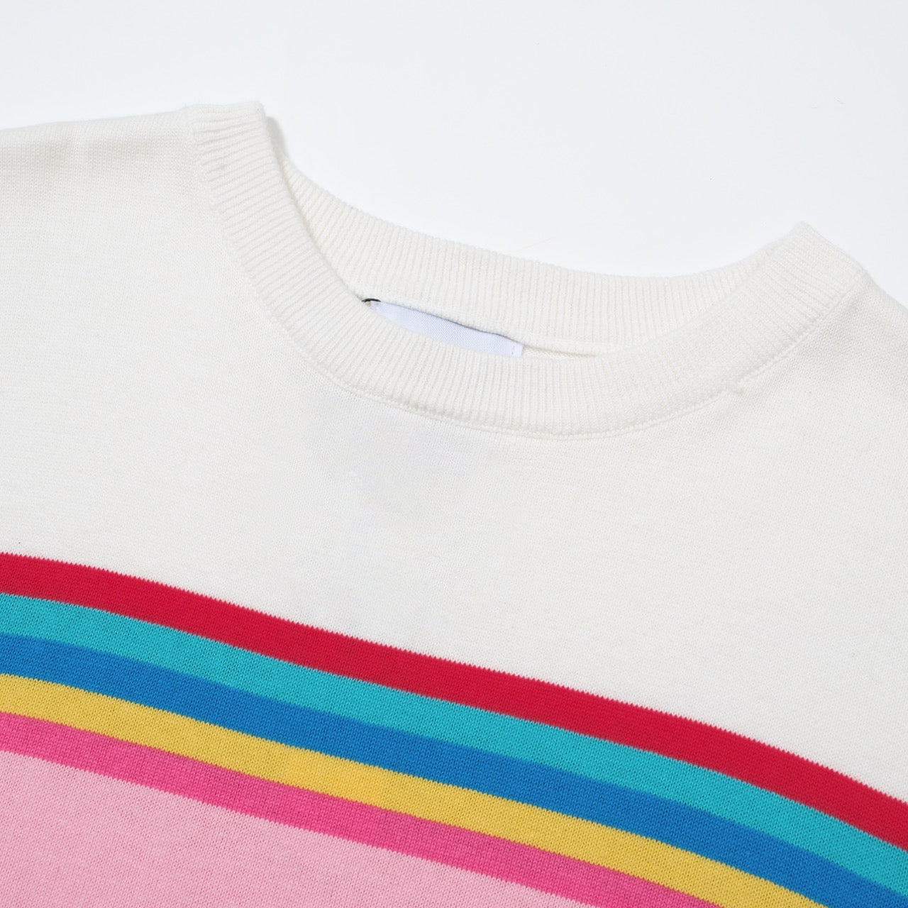 OXKNIT Women Vintage Clothing 1960s Mod Style Casual Long Sleeve Pink Rainbow Striped Knit Retro T-shirts