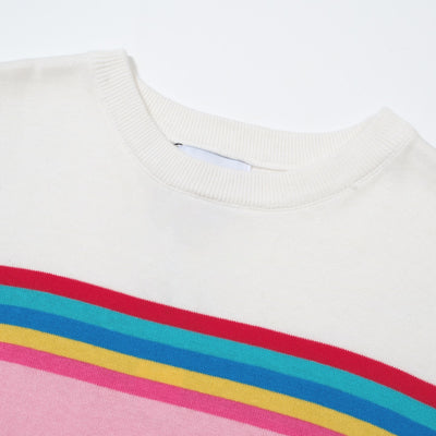 OXKNIT Women Vintage Clothing 1960s Mod Style Casual Long Sleeve Pink Rainbow Striped Knit Retro T-shirts