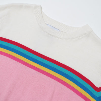 OXKNIT Women Vintage Clothing 1960s Mod Style Casual Long Sleeve Pink Rainbow Striped Knit Retro T-shirts