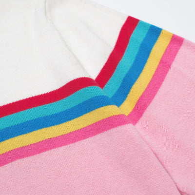 OXKNIT Women Vintage Clothing 1960s Mod Style Casual Long Sleeve Pink Rainbow Striped Knit Retro T-shirts