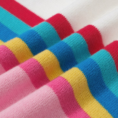 OXKNIT Women Vintage Clothing 1960s Mod Style Casual Long Sleeve Pink Rainbow Striped Knit Retro T-shirts