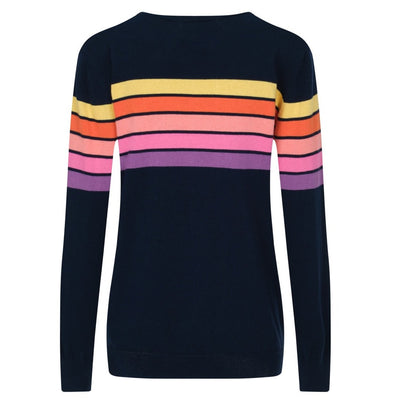 OXKNIT Women Vintage Clothing 1960s Mod Style Casual Rainbow Stripe Knit Dark Blue Retro T-shirts