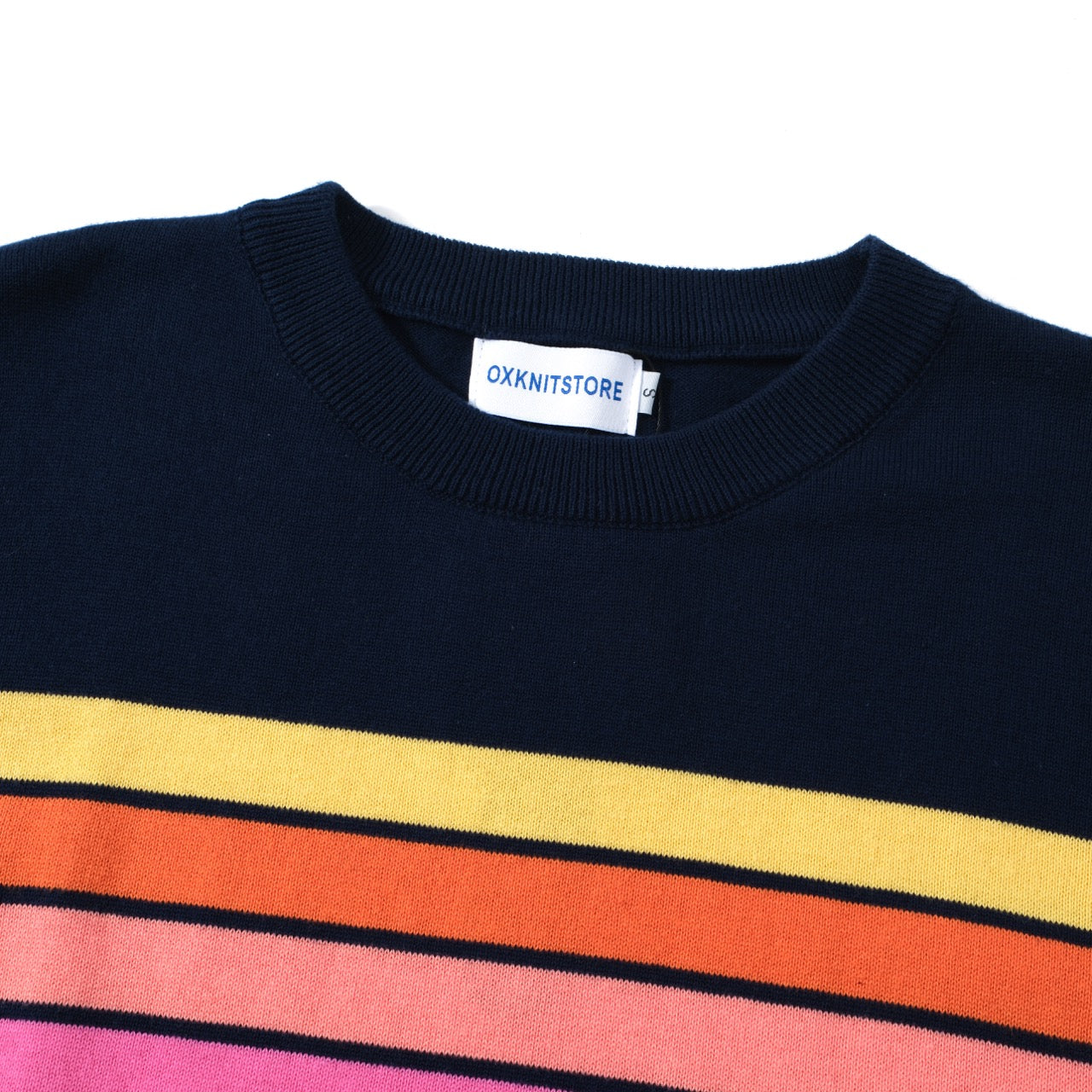 OXKNIT Women Vintage Clothing 1960s Mod Style Casual Rainbow Stripe Knit Dark Blue Retro T-shirts
