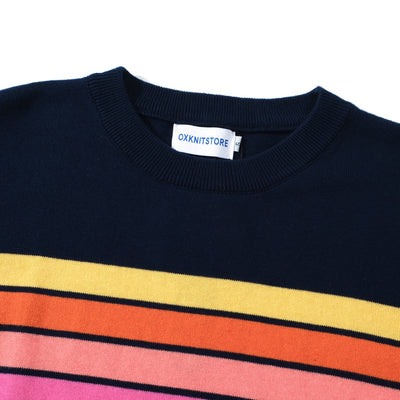OXKNIT Women Vintage Clothing 1960s Mod Style Casual Rainbow Stripe Knit Dark Blue Retro T-shirts