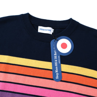 OXKNIT Women Vintage Clothing 1960s Mod Style Casual Rainbow Stripe Knit Dark Blue Retro T-shirts