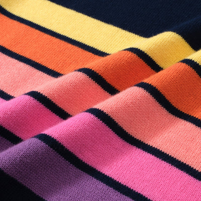 OXKNIT Women Vintage Clothing 1960s Mod Style Casual Rainbow Stripe Knit Dark Blue Retro T-shirts