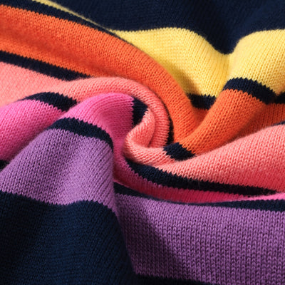 OXKNIT Women Vintage Clothing 1960s Mod Style Casual Rainbow Stripe Knit Dark Blue Retro T-shirts