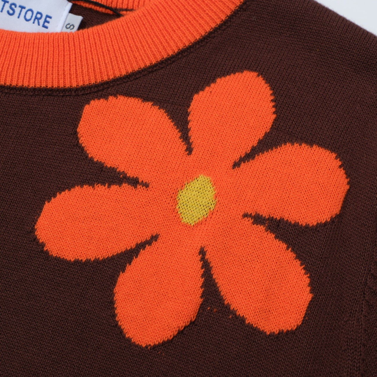 OXKNIT Women Vintage Clothing 1960s Mod Style Casual Red Flowers Short Sleeves Brown Knitwear Retro Tshirt