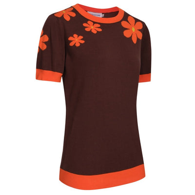 OXKNIT Women Vintage Clothing 1960s Mod Style Casual Red Flowers Short Sleeves Brown Knitwear Retro Tshirt