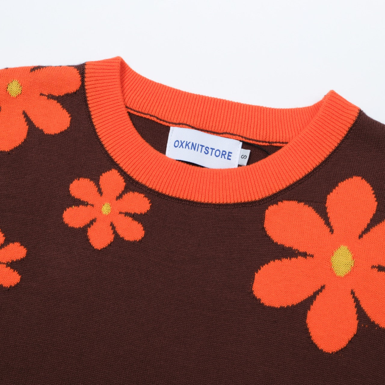 OXKNIT Women Vintage Clothing 1960s Mod Style Casual Red Flowers Short Sleeves Brown Knitwear Retro Tshirt