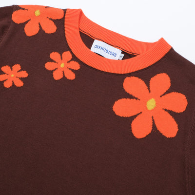 OXKNIT Women Vintage Clothing 1960s Mod Style Casual Red Flowers Short Sleeves Brown Knitwear Retro Tshirt