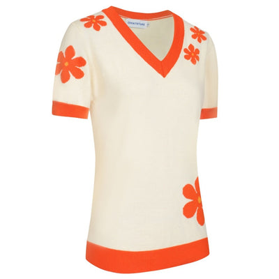 OXKNIT Women Vintage Clothing 1960s Mod Style Casual Red Flowers V-Neck Short Sleeves Knitwear Retro Tshirt