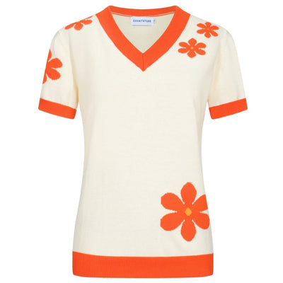 OXKNIT Women Vintage Clothing 1960s Mod Style Casual Red Flowers V-Neck Short Sleeves Knitwear Retro Tshirt