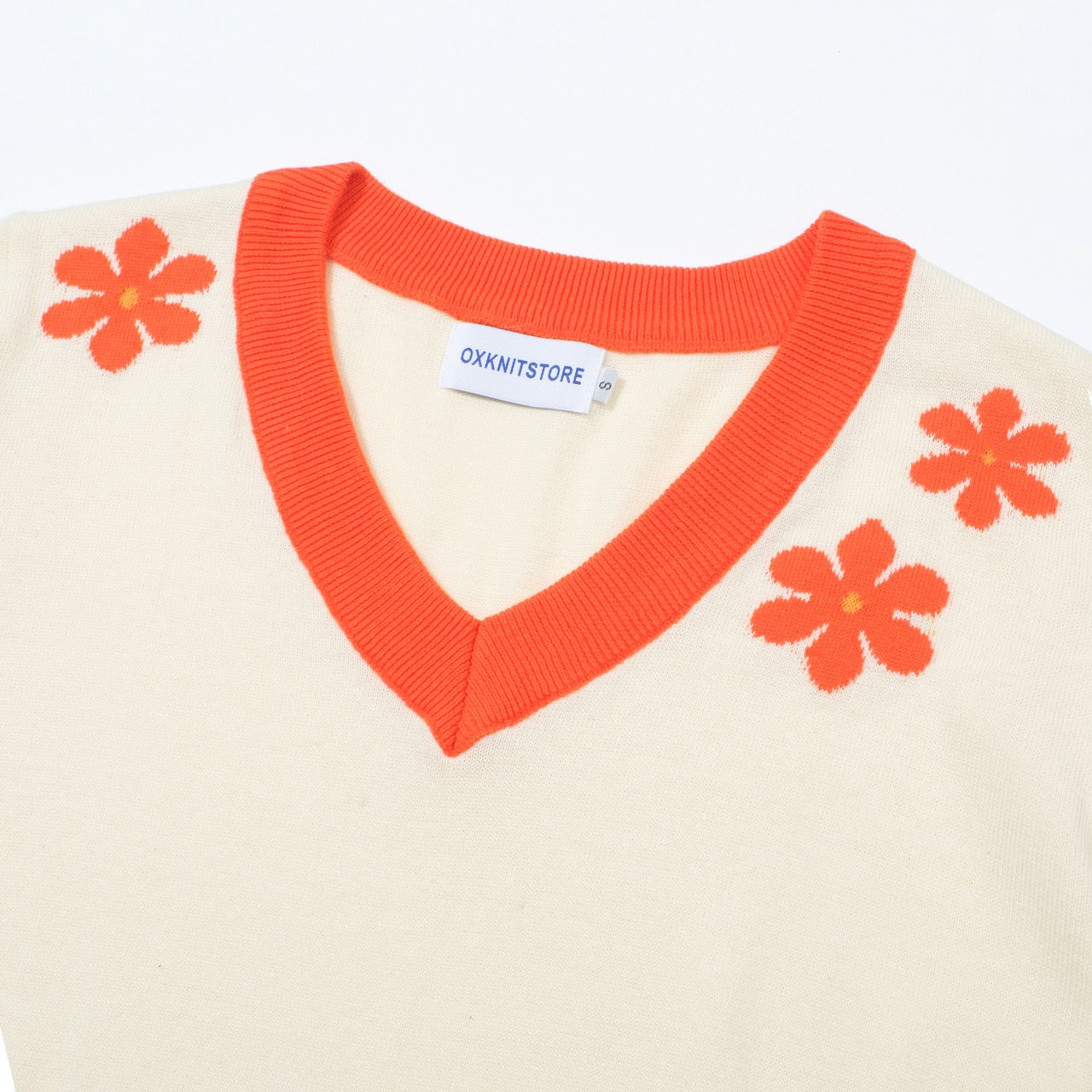 OXKNIT Women Vintage Clothing 1960s Mod Style Casual Red Flowers V-Neck Short Sleeves Knitwear Retro Tshirt