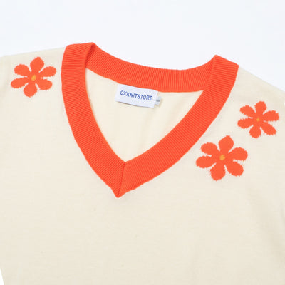 OXKNIT Women Vintage Clothing 1960s Mod Style Casual Red Flowers V-Neck Short Sleeves Knitwear Retro Tshirt