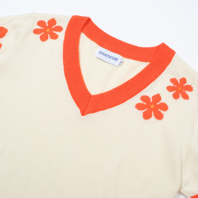 OXKNIT Women Vintage Clothing 1960s Mod Style Casual Red Flowers V-Neck Short Sleeves Knitwear Retro Tshirt