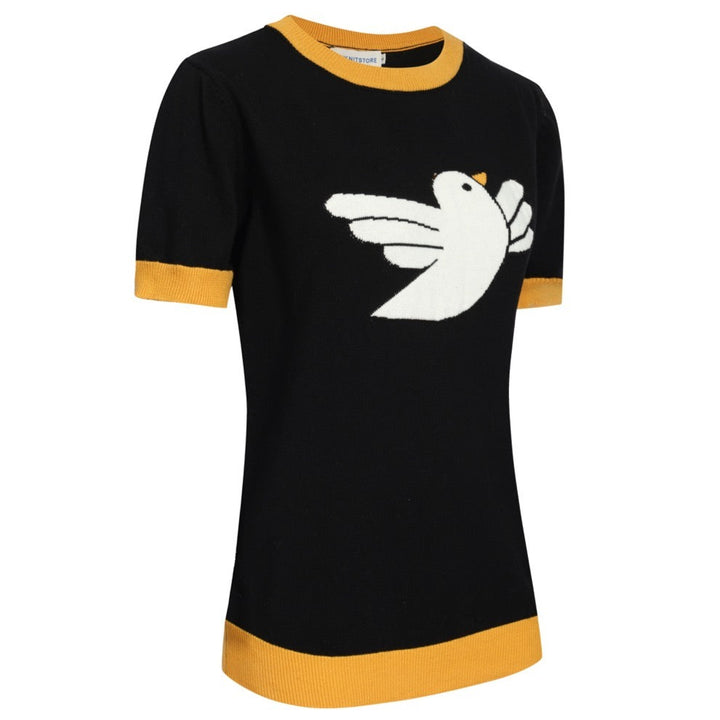 OXKNIT Women Vintage Clothing 1960s Mod Style Casual Yellow Pigeon Knitted Black Short Sleeves Knitwear Retro Tshirt