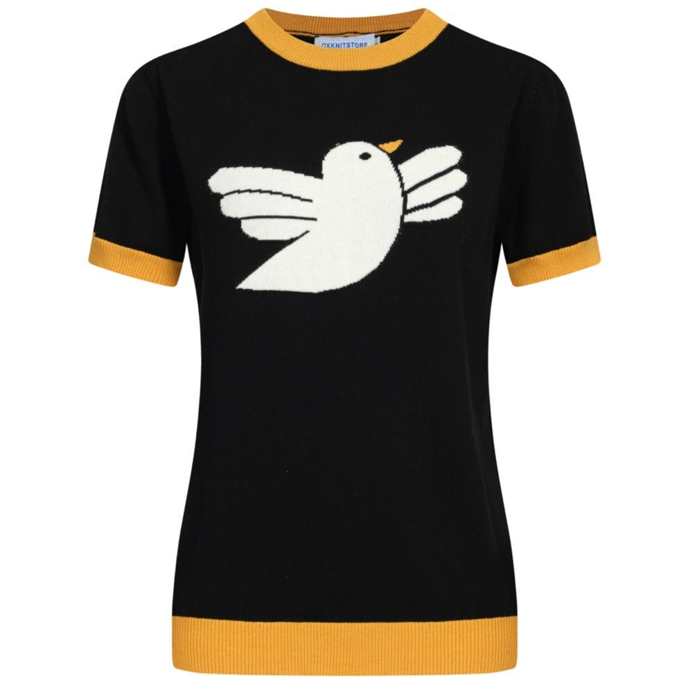OXKNIT Women Vintage Clothing 1960s Mod Style Casual Yellow Pigeon Knitted Black Short Sleeves Knitwear Retro Tshirt