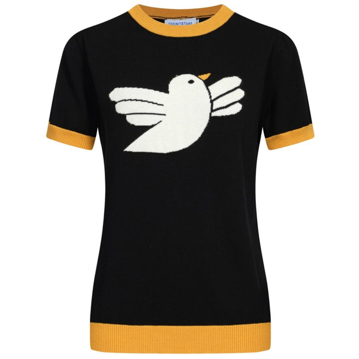 OXKNIT Women Vintage Clothing 1960s Mod Style Casual Yellow Pigeon Knitted Black Short Sleeves Knitwear Retro Tshirt