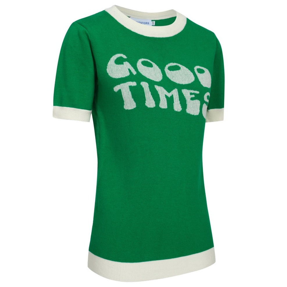 OXKNIT Women Vintage Clothing 1960s Mod Style Knitted Good Times Short Sleeves Green Knitwear Retro Tshirt