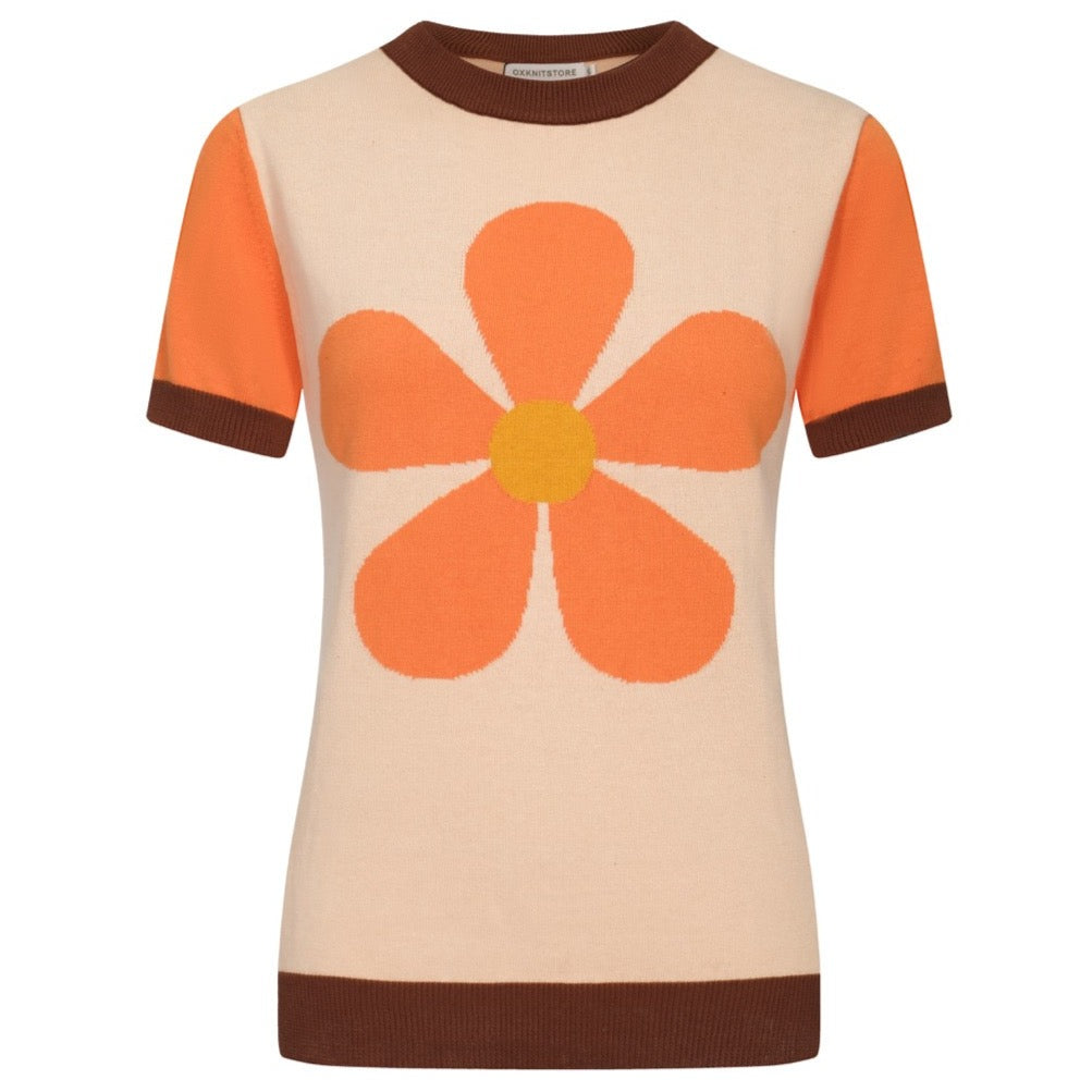 OXKNIT Women Vintage Clothing 1960s Mod Style Orange Flower Knitted Short Sleeves Retro Tshirts