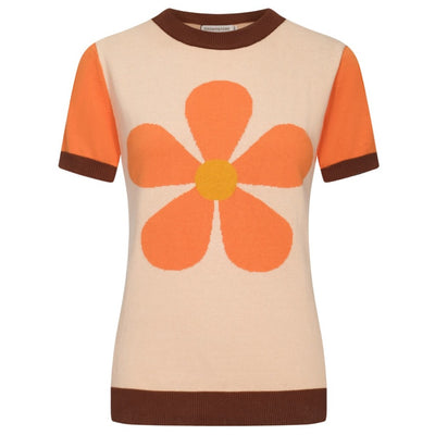 OXKNIT Women Vintage Clothing 1960s Mod Style Orange Flower Knitted Short Sleeves Retro Tshirts