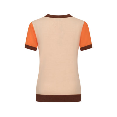 OXKNIT Women Vintage Clothing 1960s Mod Style Orange Flower Knitted Short Sleeves Retro Tshirts
