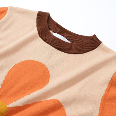 OXKNIT Women Vintage Clothing 1960s Mod Style Orange Flower Knitted Short Sleeves Retro Tshirts