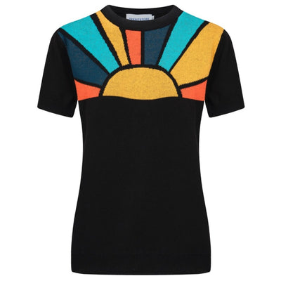 OXKNIT Women Vintage Clothing 1970s Mod Style Casual Black Sunrise Short Sleeves Knitwear Retro Tshirt