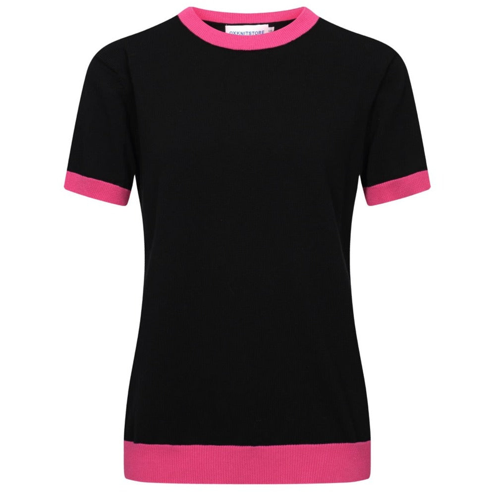 OXKNIT Women Vintage Clothing 1970s Mod Style Casual Black & Pink Knitted Short Sleeves Knitwear Retro Tshirt