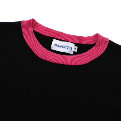 OXKNIT Women Vintage Clothing 1970s Mod Style Casual Black & Pink Knitted Short Sleeves Knitwear Retro Tshirt