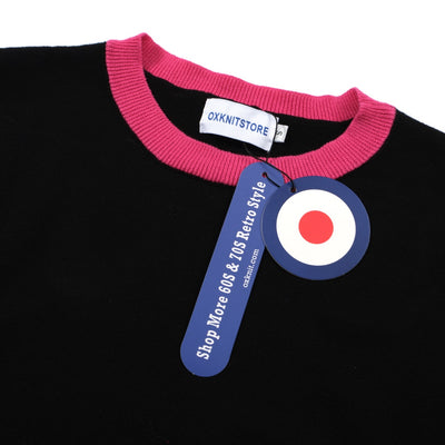 OXKNIT Women Vintage Clothing 1970s Mod Style Casual Black & Pink Knitted Short Sleeves Knitwear Retro Tshirt