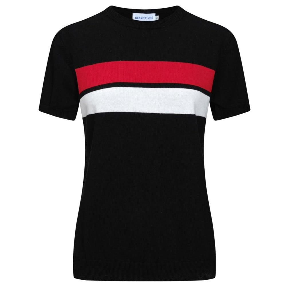 OXKNIT Women Vintage Clothing 1970s Mod Style Casual Chest Red & White Knitted Short Sleeves Knitwear Retro Tshirt