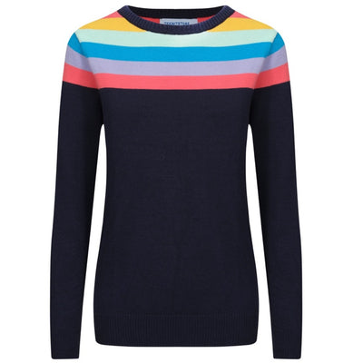 OXKNIT Women Vintage Clothing 1970s Mod Style Casual Long Sleeve Black Rainbow Striped Retro Sweater