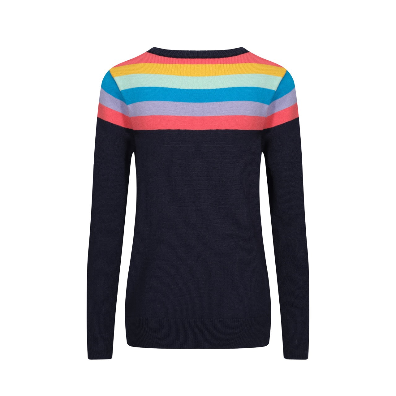 OXKNIT Women Vintage Clothing 1970s Mod Style Casual Long Sleeve Black Rainbow Striped Retro Sweater