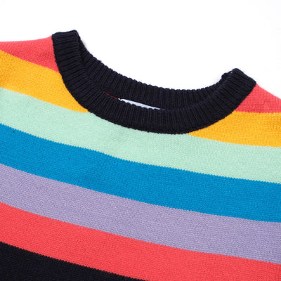 OXKNIT Women Vintage Clothing 1970s Mod Style Casual Long Sleeve Black Rainbow Striped Retro Sweater