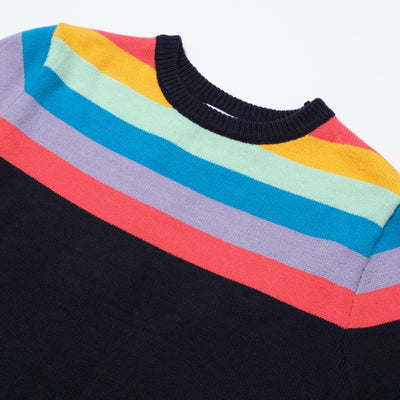 OXKNIT Women Vintage Clothing 1970s Mod Style Casual Long Sleeve Black Rainbow Striped Retro Sweater
