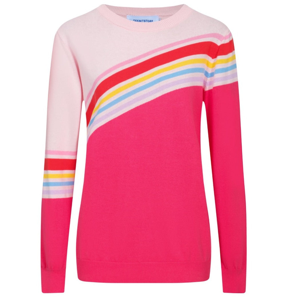 OXKNIT Women Vintage Clothing 1970s Mod Style Casual Long Sleeve Pink Rainbow Striped Knit Retro T-shirts
