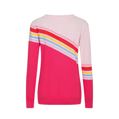 OXKNIT Women Vintage Clothing 1970s Mod Style Casual Long Sleeve Pink Rainbow Striped Knit Retro T-shirts