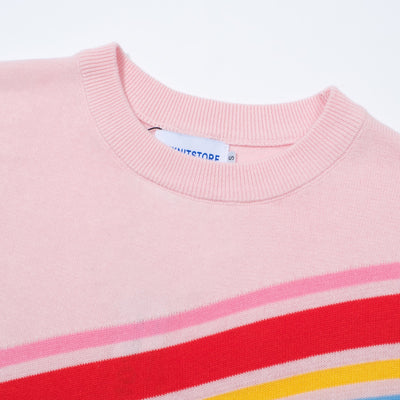 OXKNIT Women Vintage Clothing 1970s Mod Style Casual Long Sleeve Pink Rainbow Striped Knit Retro T-shirts