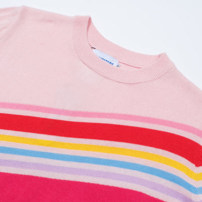 OXKNIT Women Vintage Clothing 1970s Mod Style Casual Long Sleeve Pink Rainbow Striped Knit Retro T-shirts