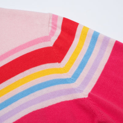 OXKNIT Women Vintage Clothing 1970s Mod Style Casual Long Sleeve Pink Rainbow Striped Knit Retro T-shirts
