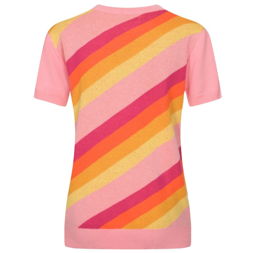 OXKNIT Women Vintage Clothing 1970s Mod Style Casual Rainbow Striped Wear Knitted Short Sleeves Knitwear Tshirt