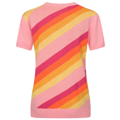 OXKNIT Women Vintage Clothing 1970s Mod Style Casual Rainbow Striped Wear Knitted Short Sleeves Knitwear Tshirt