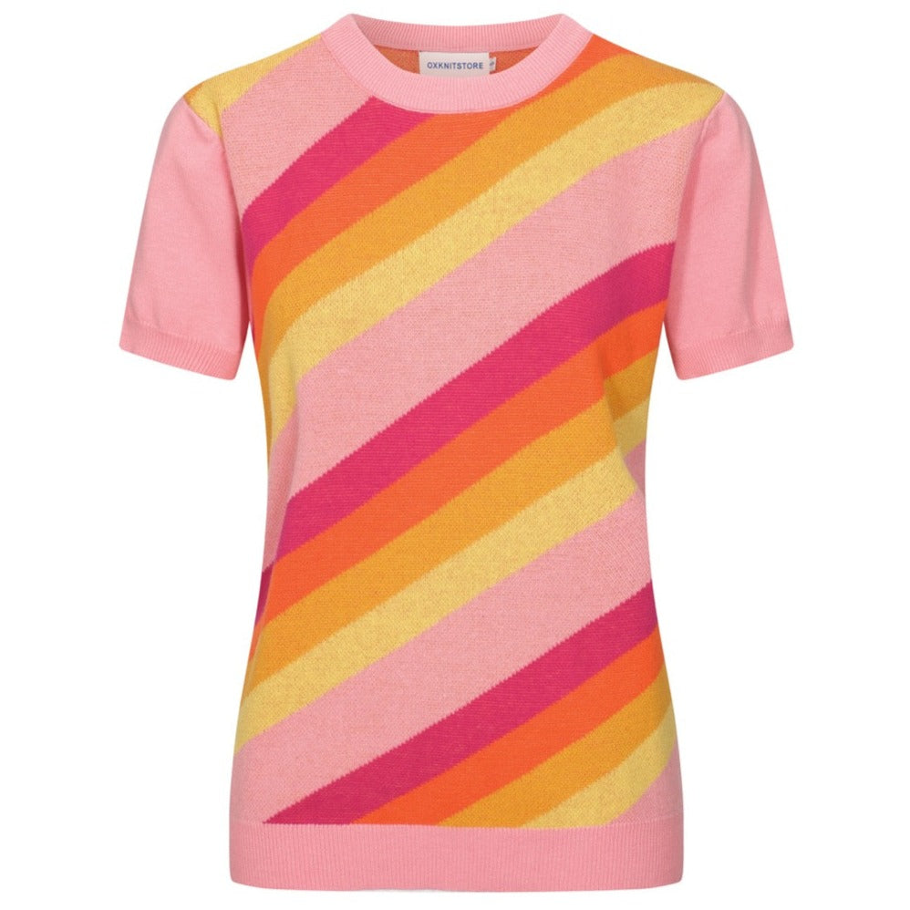 OXKNIT Women Vintage Clothing 1970s Mod Style Casual Rainbow Striped Wear Knitted Short Sleeves Knitwear Tshirt