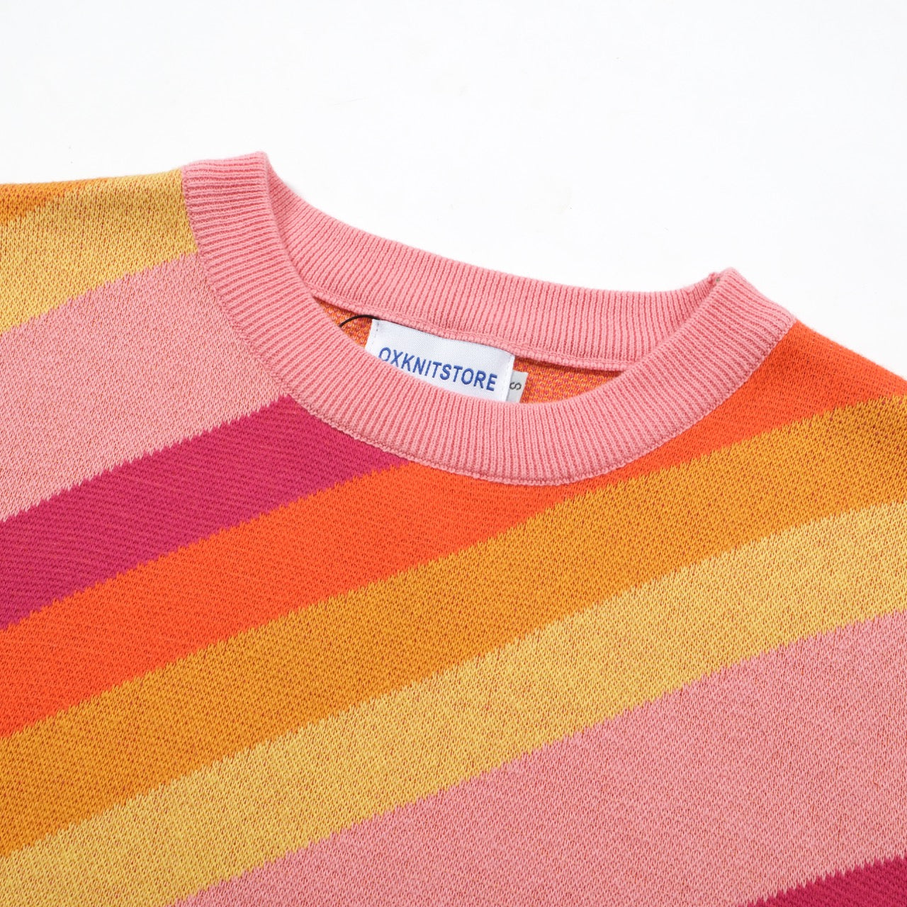 OXKNIT Women Vintage Clothing 1970s Mod Style Casual Rainbow Striped Wear Knitted Short Sleeves Knitwear Tshirt