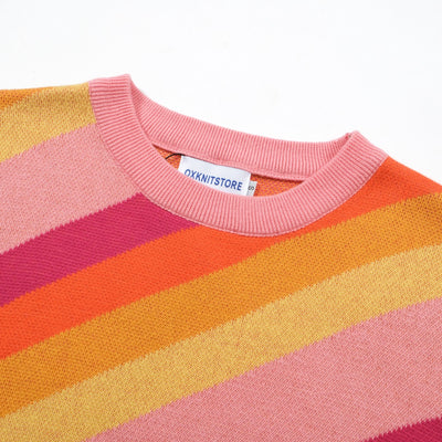 OXKNIT Women Vintage Clothing 1970s Mod Style Casual Rainbow Striped Wear Knitted Short Sleeves Knitwear Tshirt
