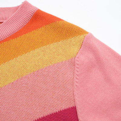 OXKNIT Women Vintage Clothing 1970s Mod Style Casual Rainbow Striped Wear Knitted Short Sleeves Knitwear Tshirt